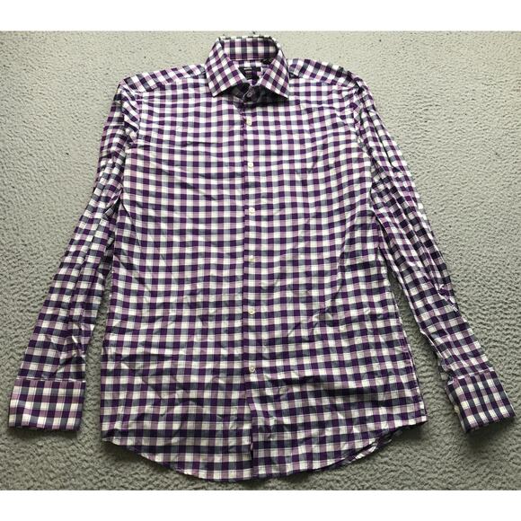 Hugo Boss Long Sleeve Button Up Shirt Mens Medium 15 1/2 Slim Fit Plaid Purple - Picture 1 of 8